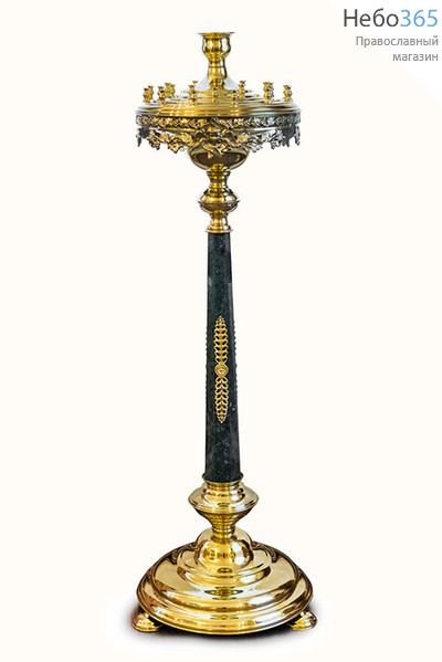  Подсвечник храмовый латунный на 24 свечи, со стойкой с шестигранной вставкой из зеленого мрамора, с литыми элементами (14, №27), фото 1 