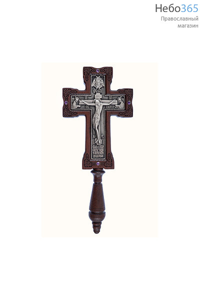  Крест деревянный напрестольный 17137 с ручкой, с вклейкой из гальваники, с посеребрением, резной, ажурный, с камнями, с ангелами, из ясеня, цвет № 4 ( красное дерево),  камни : аметист, фото 1 