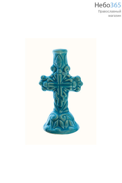  Подсвечник керамический "Крест", резной, разных цветов, высотой 8,7 см (в уп. - 10 шт.)РРР голубой, фото 1 