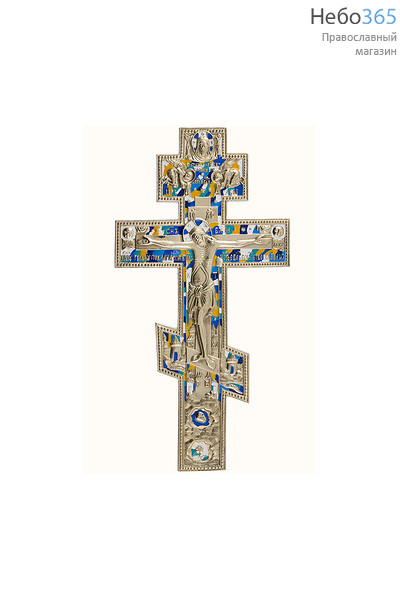  Крест металлический медное литьё, восьмиконечный, киотный, "Поморский", высотой 37 см, с сине - голубой и белой эмалью, 511-1, 5284 вид № 3 , 5 цветов эмали, фото 1 