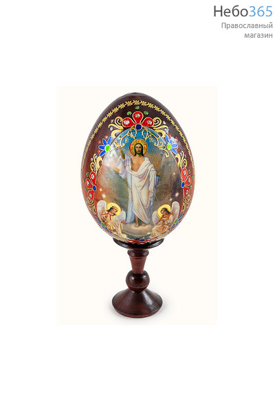  Яйцо пасхальное деревянное на подставке, с иконой "Воскресение Христово", с цветной литогр, со стразами, выс. 12 см (без учета подст) вид № 3, фото 1 