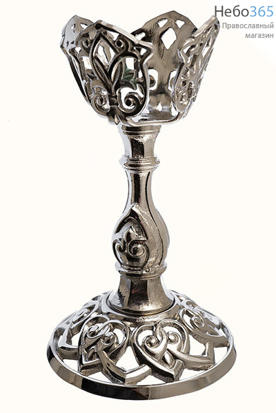  Лампада-подлампадник напрестольная латунная без стакана, литая, с растительным орнаментом, с никелированием, высотой 19 см, фото 1 