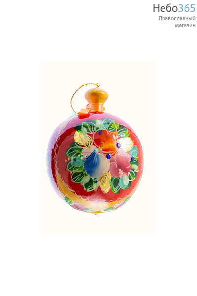  Сувенир рождественский деревянный, "Шар. Цветы" - елочная игрушка, с росписью, диаметром 8 см, в ассортименте цвет: красный, фото 1 
