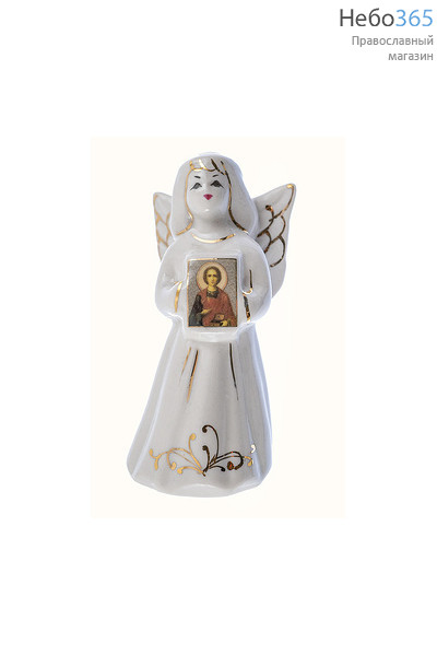 Ангел-колокольчик фарфоровый с иконой, 11 см, Кисловодский фарфор с иконой вмч.Пантелеимона, фото 1 