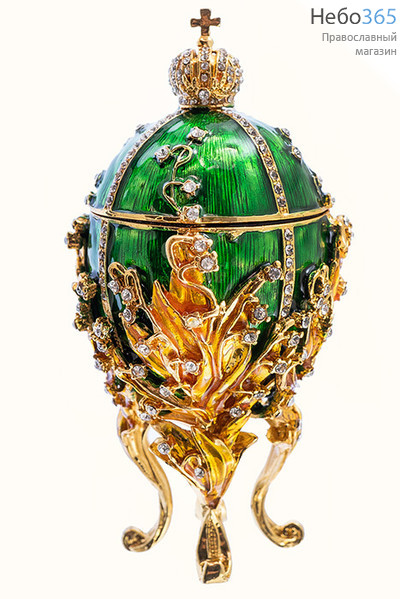  Яйцо пасхальное металлическое - шкатулка в стиле Фаберже, ЛАНДЫШИ, с эмалью, золотом и стразами, зеленое, выс.15 см, фото 1 