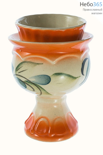  Лампада настольная керамическая "Кубок" со стаканом, средняя, с белой эмалью и цветной росписью, высотой 10,5 см, фото 3 
