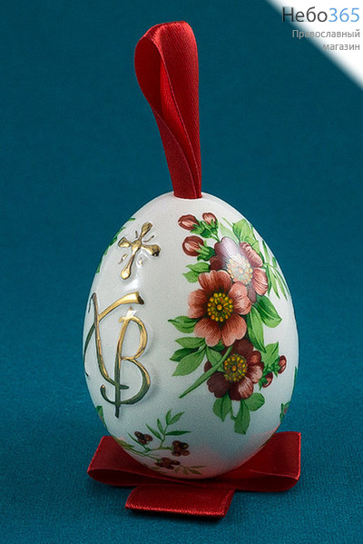  Яйцо пасхальное фарфоровое подвесное белое, с деколью, золотом, с бантом, высотой 7,5 см, фото 3 