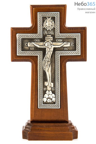  Крест деревянный 17123, с вклейкой из гальваники, на подставке, с посеребрением, с витейкой, фото 1 