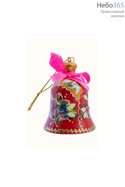 Сувенир рождественский деревянный, "Колокольчик. Цветы" - елочная игрушка, с языком, с росписью, высотой 7 см, в ассортименте цвет: красный, фото 1 