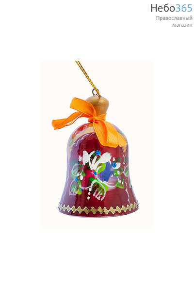  Сувенир рождественский деревянный, "Колокольчик. Цветы" - елочная игрушка, с языком, с росписью, высотой 7 см, в ассортименте цвет: бордо, фото 1 