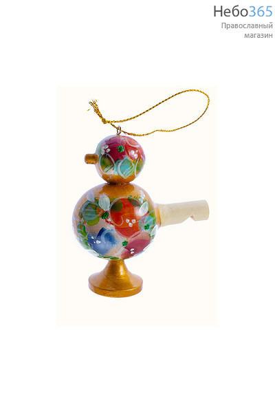  Сувенир рождественский деревянный, "Птичка - свистулька" - елочная игрушка, с росписью "Цветы", высотой 7,5 см, в ассортименте цвет: золотой, фото 1 