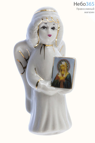  Ангел фарфоровый с иконой, держит под углом, в белом хитоне, с золотой росписью, виды в ассортименте, высота 9,5 см, Кисловодский фарфор, фото 1 