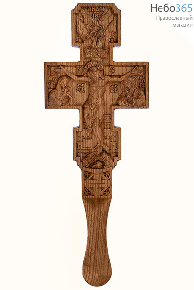  Крест напрестольный деревянный из дуба, с распятием, с предстоящими, с Ангелами, высотой 34 см, резьба на станке, фото 1 