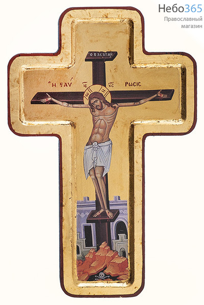  Крест с Распятием 16х24х2 см. Деревянная основа (МДФ), золотой фон, с ковчегом (B52NB) (Нпл), фото 1 