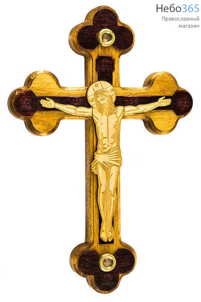  Крест деревянный с плоским деревянным распятием, с 2 вставками (земля и ладан освящены на Гробе Господнем), в форме Трилистник, высотой 22 см, фото 1 