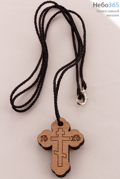  Крест нательный деревянный с выжиганием, на гайтане, 2-х видов, в ассортименте, высотой 3 см (в уп. - 10 шт.), фото 1 