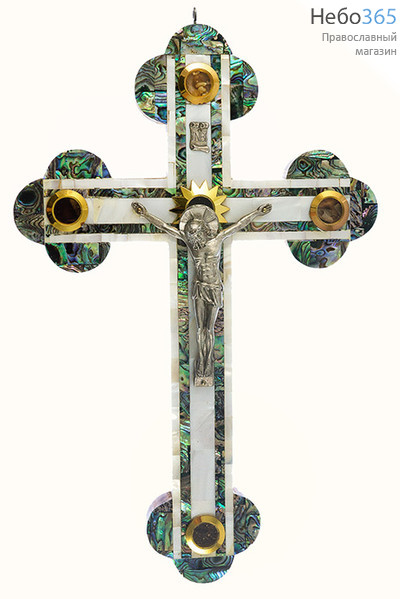  Крест деревянный Иерусалимский из оливы, с перламутром, с металлическим распятием, с 5 вставками, высотой 28 см, фото 1 