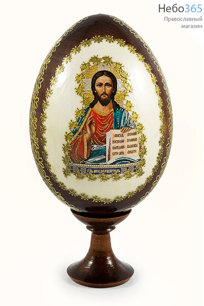  Яйцо пасхальное деревянное на подставке, с иконой, коричневое,среднее, с белым фоном,с золотой аппликацией,высотой 8,5 см(без учета подставки) с иконой Спасителя, в ассортименте, фото 1 