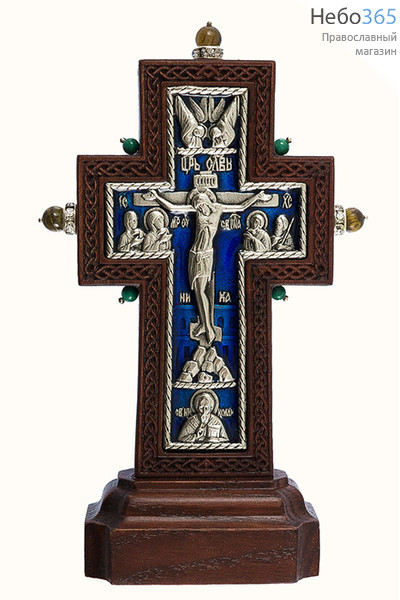  Крест деревянный 17128-1, с вклейкой из гальваники, с эмалью, на подставке, с камнями, малый с синий эмалью, фото 1 