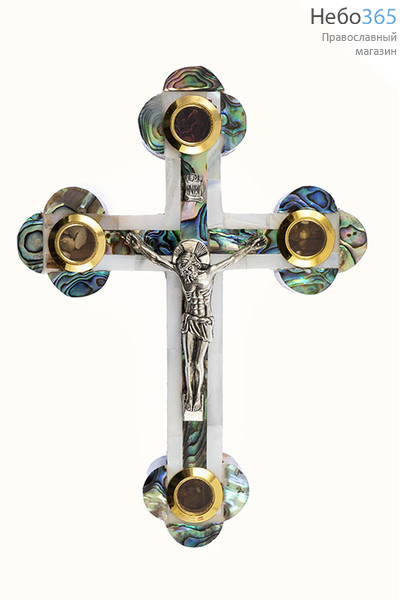  Крест деревянный Иерусалимский из оливы, с полным двухцветным перламутром высш. кач., с металлическим распятием, с 4 вставками, высотой 13,5 см,, фото 1 