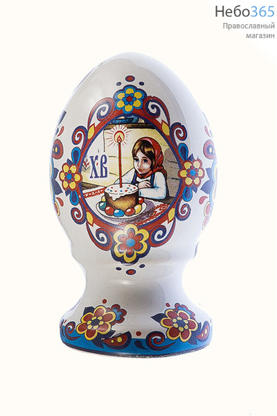  Яйцо пасхальное керамическое на цельной подставке, с белой глазурью, с цветной сублимацией Верба , высотой 9,5 см вид № 2, фото 1 