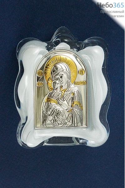  Владимирская икона Божией Матери. Икона в ризе (Ж) EK1-МВG, мурано, 7х9, сплошной оклад, серебрение, золочение, стекло, настольная, фото 1 
