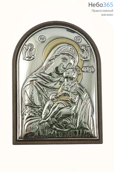 Сладкое Лобзание икона Божией Матери. Икона в ризе 4х6 см, сплошной оклад, серебрение, золочение, арочная, на пластиковой основе (Ж) (EK1-PBG), фото 1 