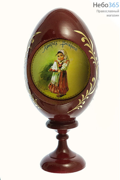  Яйцо пасхальное деревянное на цельной подставке, высотой 13,5 см, с литографией в нише, в ассортименте № 6  Девочка с пасхой и яицами, фото 1 
