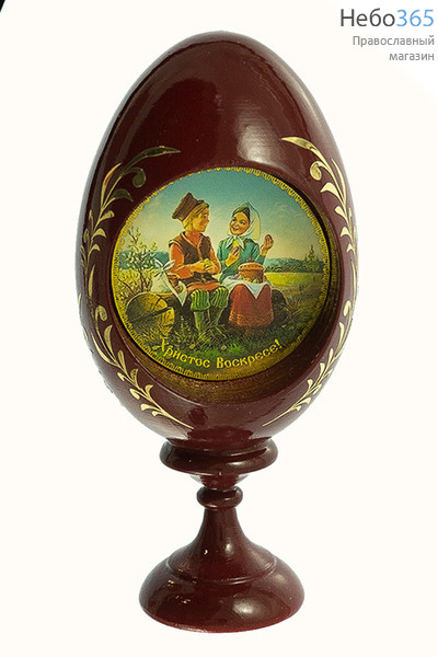 Яйцо пасхальное деревянное на цельной подставке, высотой 13,5 см, с литографией в нише, в ассортименте, ЦБ-187 № 7 Мальчик и девочка на бревне (пасхальная радость), фото 1 