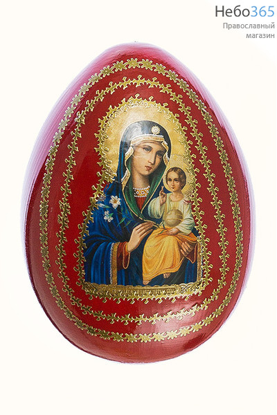  Яйцо пасхальное деревянное на подставке, с иконой, большое, цветное, высотой 12 см с иконой Божией Матери Неувядаемый Цвет, фото 1 