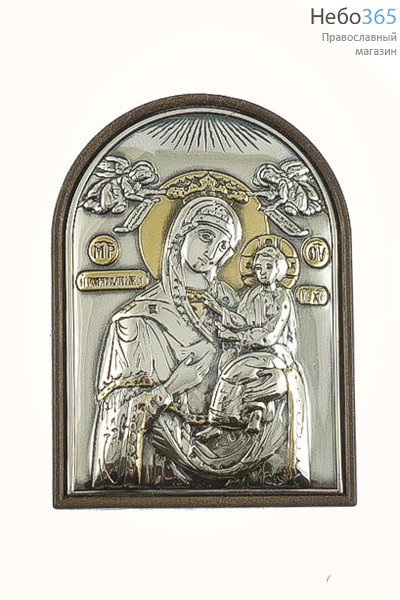  Скоропослушница икона Божией Матери. Икона в ризе 4х6х0,8 см, сплошной оклад, серебрение, золочение, арочная, на пластиковой основе (Ж) (EK1-PBG), фото 1 
