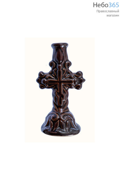  Подсвечник керамический "Крест", резной, разных цветов, высотой 8,7 см (в уп. - 10 шт.)РРР коричневый, фото 1 