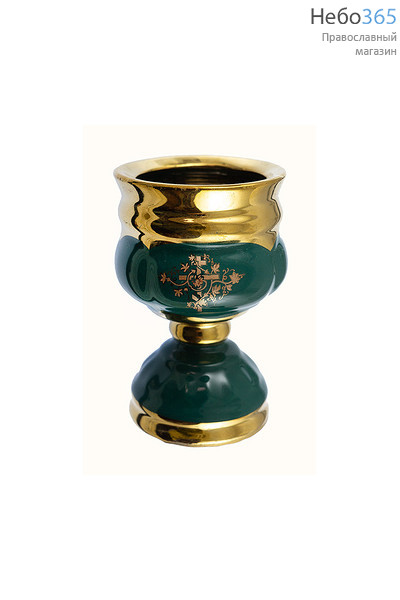  Лампада настольная керамическая "Кубок", средняя, на высокой ножке, с эмалью и золотом цвет: зеленый, фото 1 