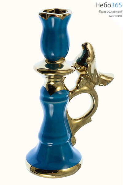  Подсвечник* керамический "Башенка", высокий, с голубем на ручке, комбинированный, с эмалью и золотом, высотой 10,5-12,5 см (в уп.- 5 шт.)РРР синий, фото 3 
