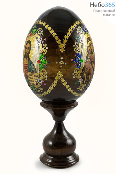  Яйцо пасхальное деревянное на подставке, трёхчастное, коричневое,,с золотой аппликацией, выс.12 см (без учета подст.), фото 2 