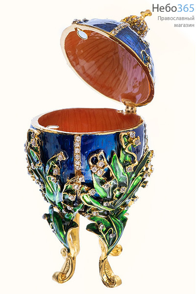  Яйцо пасхальное металлическое - шкатулка в стиле Фаберже, ЛАНДЫШИ, с эмалью, золотом и стразами, синее, выс.15 см, фото 2 