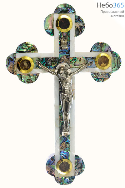  Крест деревянный Иерусалимский из оливы, с перламутром, с металлическим распятием, с 4 вставками, высотой 22,5 см, фото 1 