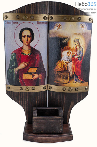  Целительница икона Божией Матери и великомученик Пантелеимон. Композиция на дереве 27х40х3 см, печать на холсте, объемная, фигурный верх, коробочка для освященного масла на полочке (№125) (Пин), фото 1 