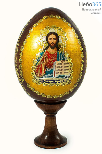  Яйцо пасхальное деревянное на подставке, с иконой, коричневое, среднее, с золотистым фоном, с золотой аппликацией, выс. 8,5 см (без учета подст.), фото 1 