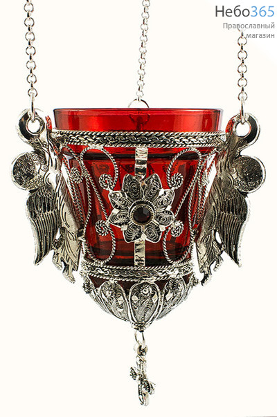  Лампада подвесная металлическая филигрань, сплав свинца и цинка, красный стеклянный стакан, стразы, с Ангелами 15 см №29, фото 1 