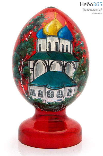  Яйцо пасхальное стеклянное окрашенное, ручная роспись - пейзаж, на ножке, высотой 20,5 см., фото 1 
