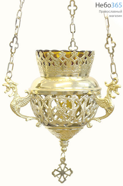  Лампада подвесная латунная № 5, с ажурными прорезями, позолота., чеканка, литье, со стаканом, фото 1 