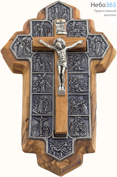  Крест деревянный Иерусалимский из оливы, с металлическим распятием и накладкой Страсти Христовы, высотой 14,5 с, фото 1 