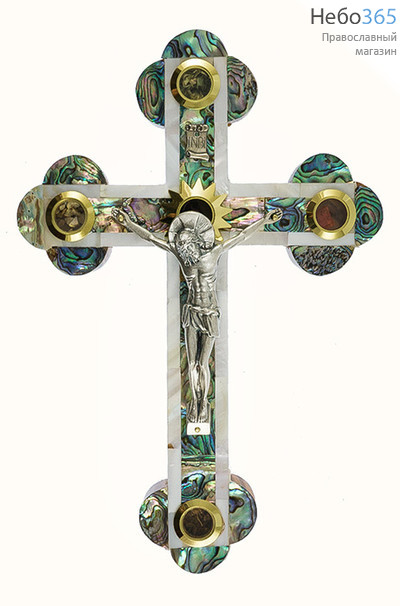  Крест деревянный Иерусалимский из оливы, с перламутром, с металлическим распятием, с 5 вставками, высотой 22 см, № 2, фото 1 