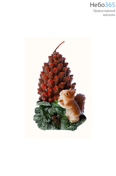  Свеча парафиновая рождественская "Шишка со зверьком", цветная, двух видов, в ассортименте, высотой 12 см, SW3564A / 30001 белочка, фото 1 
