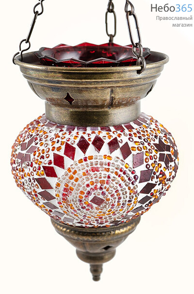  Лампада подвесная стеклянная мозаичная с металлическими деталями, со стаканом, высота 20 см, 105, фото 1 