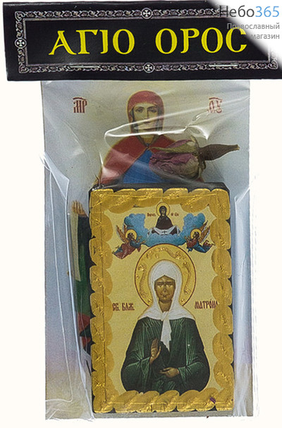  Афонский набор, бумажная икона 6,5х10, икона на дереве 4х6,5, розочка Матрона Московская, блаженная, фото 1 
