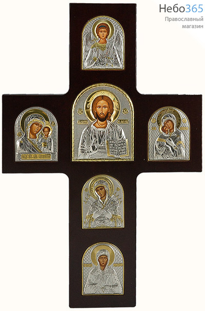  Крест с иконами, 25,5х40х1,5, 6 икон, шелкография, серебрение, золочение, деревянная основа (Ж) (ST3-XAG), фото 1 