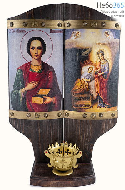  Целительница икона Божией Матери и великомученик Пантелеимон. Композиция на дереве 27х40х3 см, печать на холсте, объемная, фигурный верх, лампада на полочке (№125) (Пин), фото 1 
