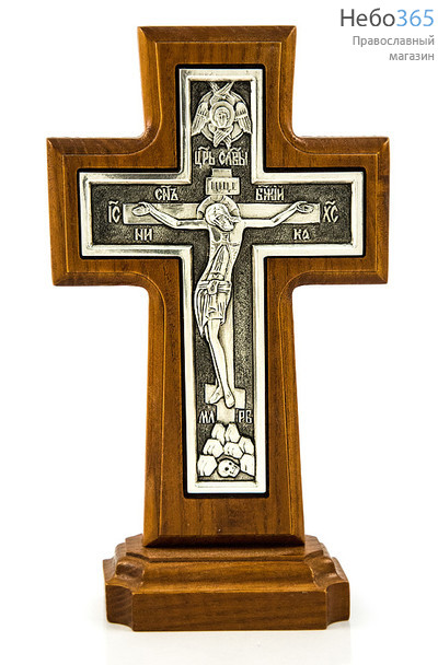  Крест деревянный 17119, с вклейкой из гальваники, на подставке, с посеребрением, ясень, фото 1 